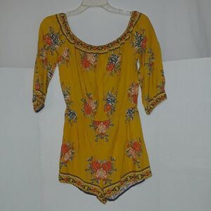 Flying Tomato-Size Small-Mustard Floral Romper-Off Shoulder-3/4 Sleeve